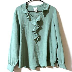 NWOT Vintage Judy Bond Size 18 Blouse Green Ruffle Long Sleeve Pullover Seafoam